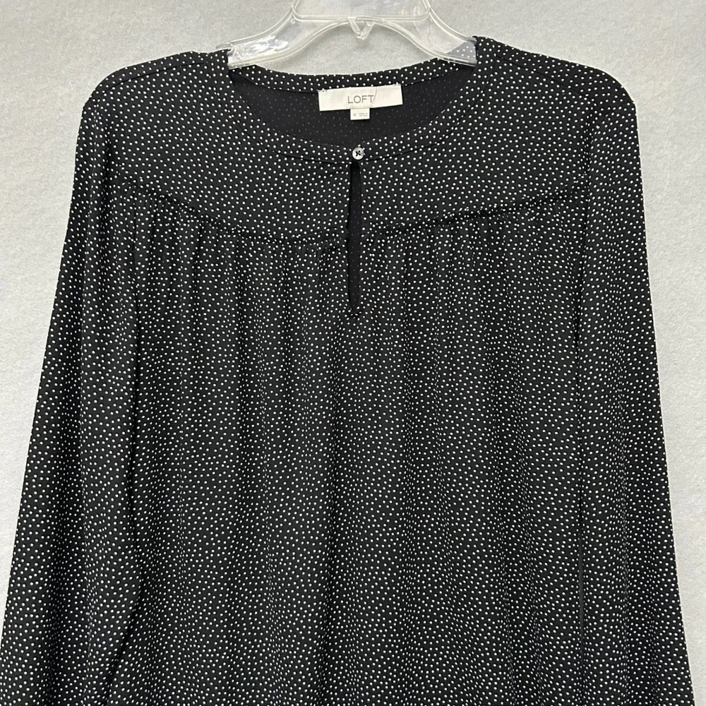 LOFT Black White Micro Polka Dot Blouse M Long Sleeve Business Casual Career - Picture 8 of 13